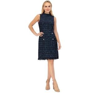 Eliza J Women's Boucle Faux-Pocket Fringe Dress in Black Metallic Blue
